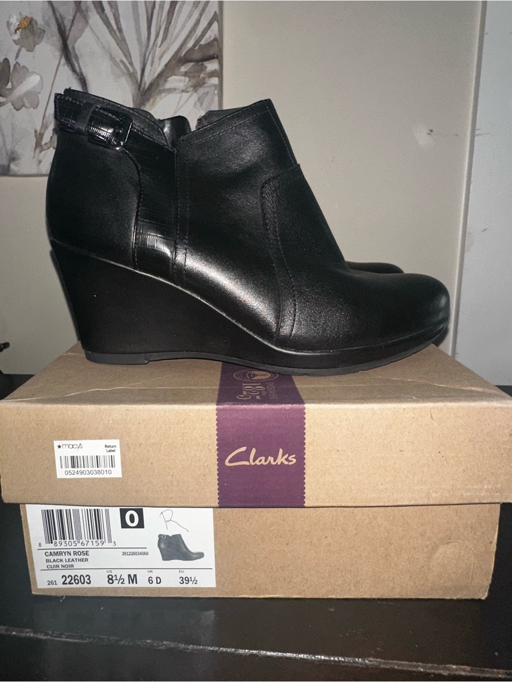 Clarks Black Leather Wedge Ankle Boots with Buckle Detail